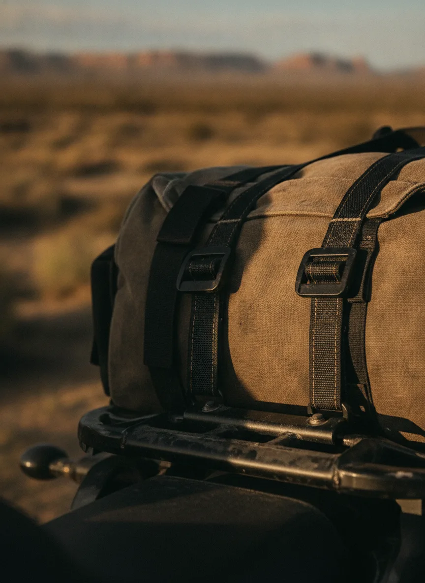 Elastic cargo straps with black buckles securing a duffle bag to expedition motorcycle.