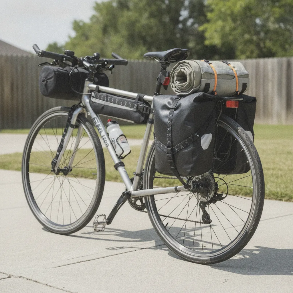 Cargo straps with black buckles securing camping gear and a tent to a bicycle frame in daylight.