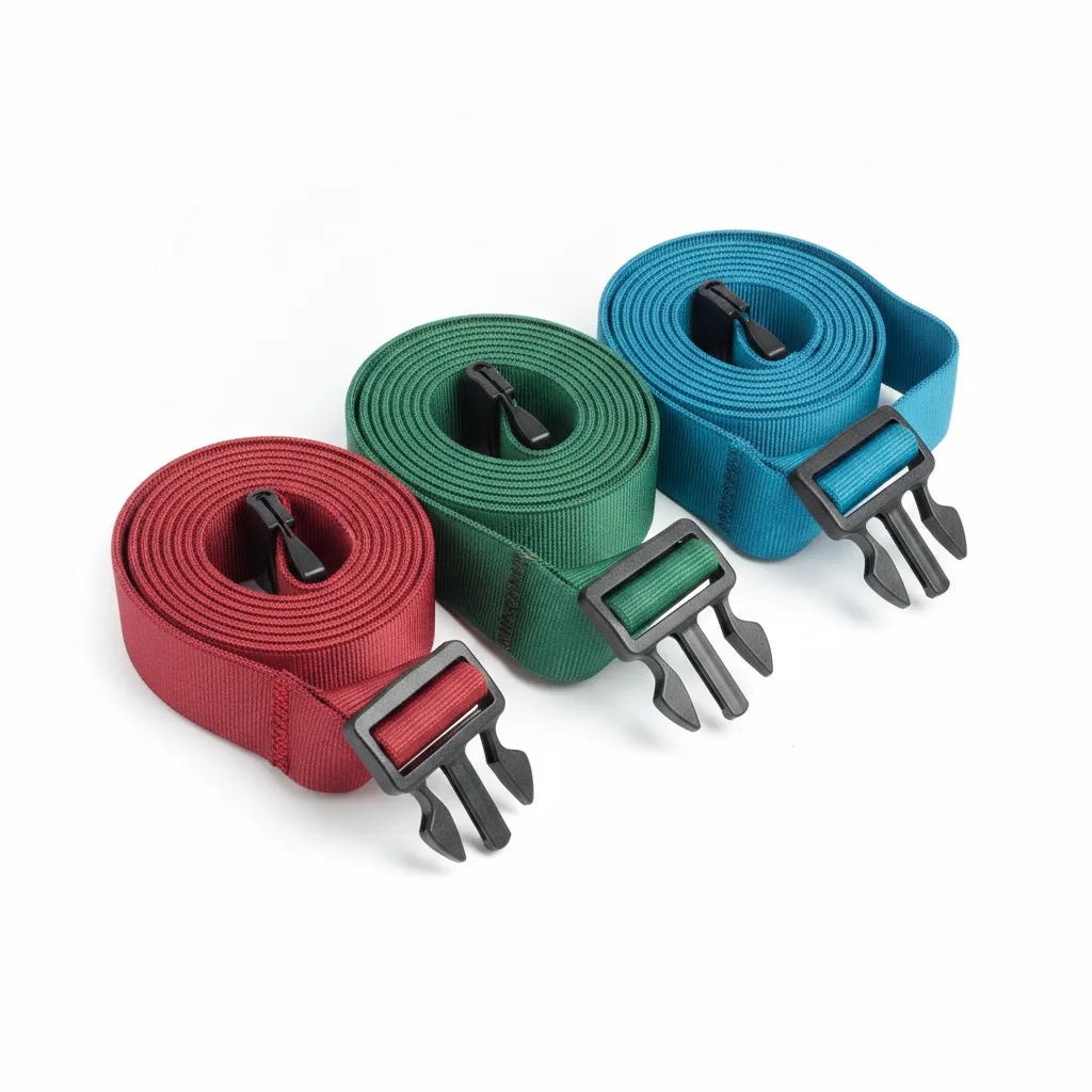 Colorful coiled elastic cargo straps with black plastic buckles on white studio background.