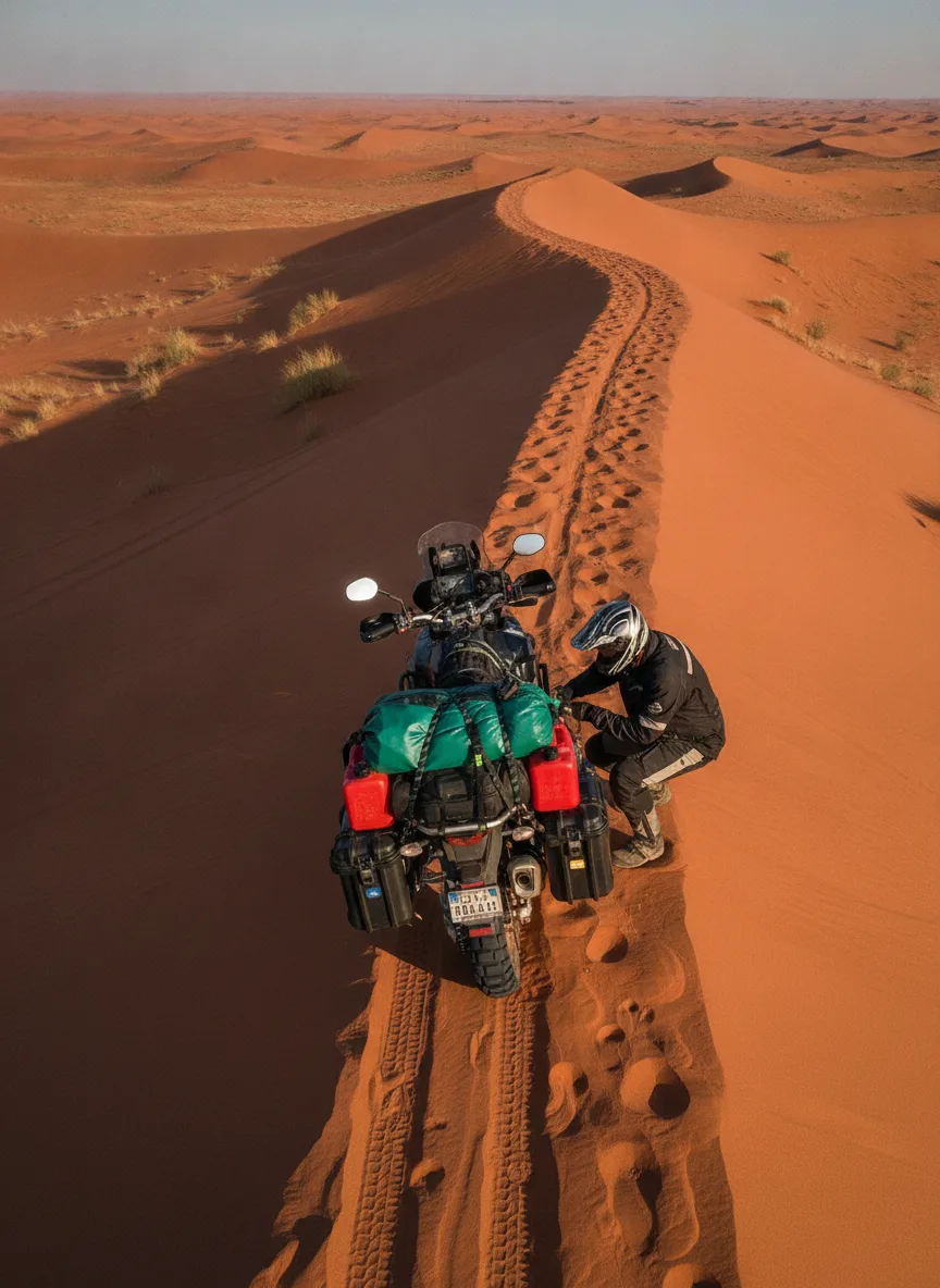Overhead view of adventure bike with elastic straps securing expedition gear on desert ridge at sunset.