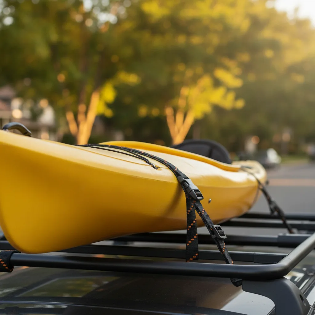 Elastic cargo straps with black buckles securing a yellow kayak to a roof rack in afternoon sunlight.