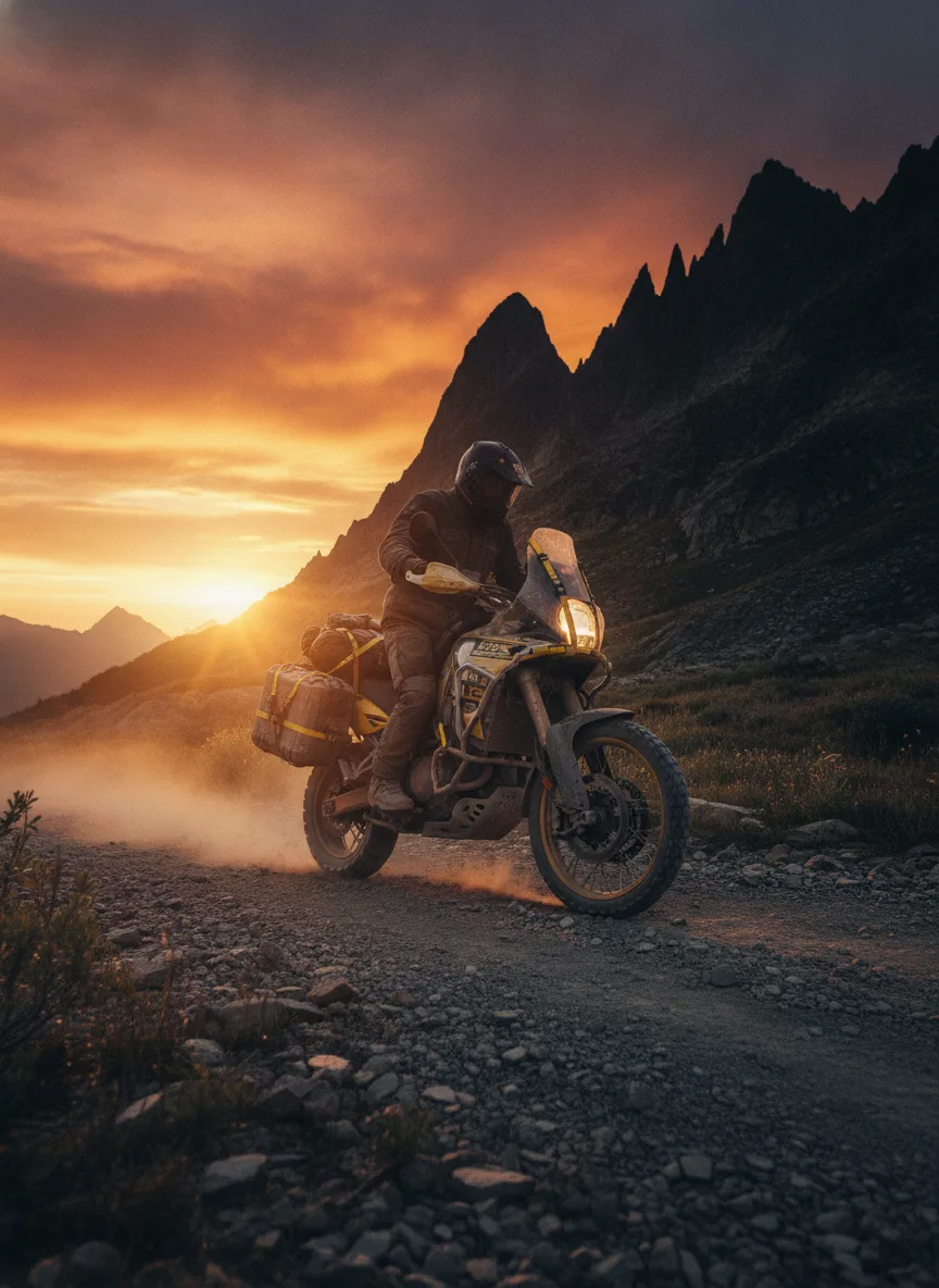 Adventure motorcycle with cargo straps climbing mountain pass at sunset, rider silhouette visible.