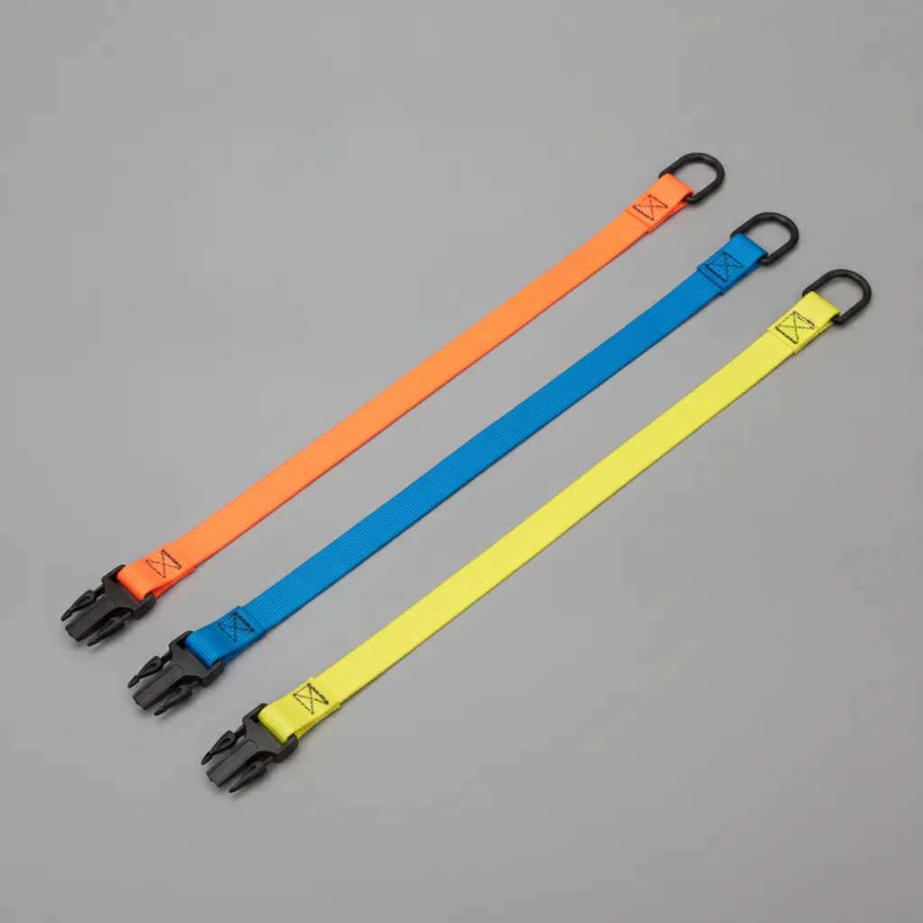 Stretched elastic cargo straps in bright colors with black plastic buckles on gray studio backdrop.