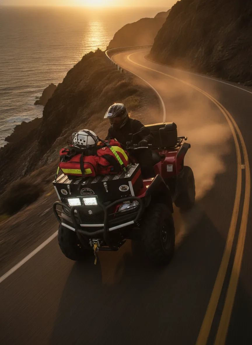 Rider on adventure motorcycle descending a coastal mountain road, gear secured with elastic cargo straps.