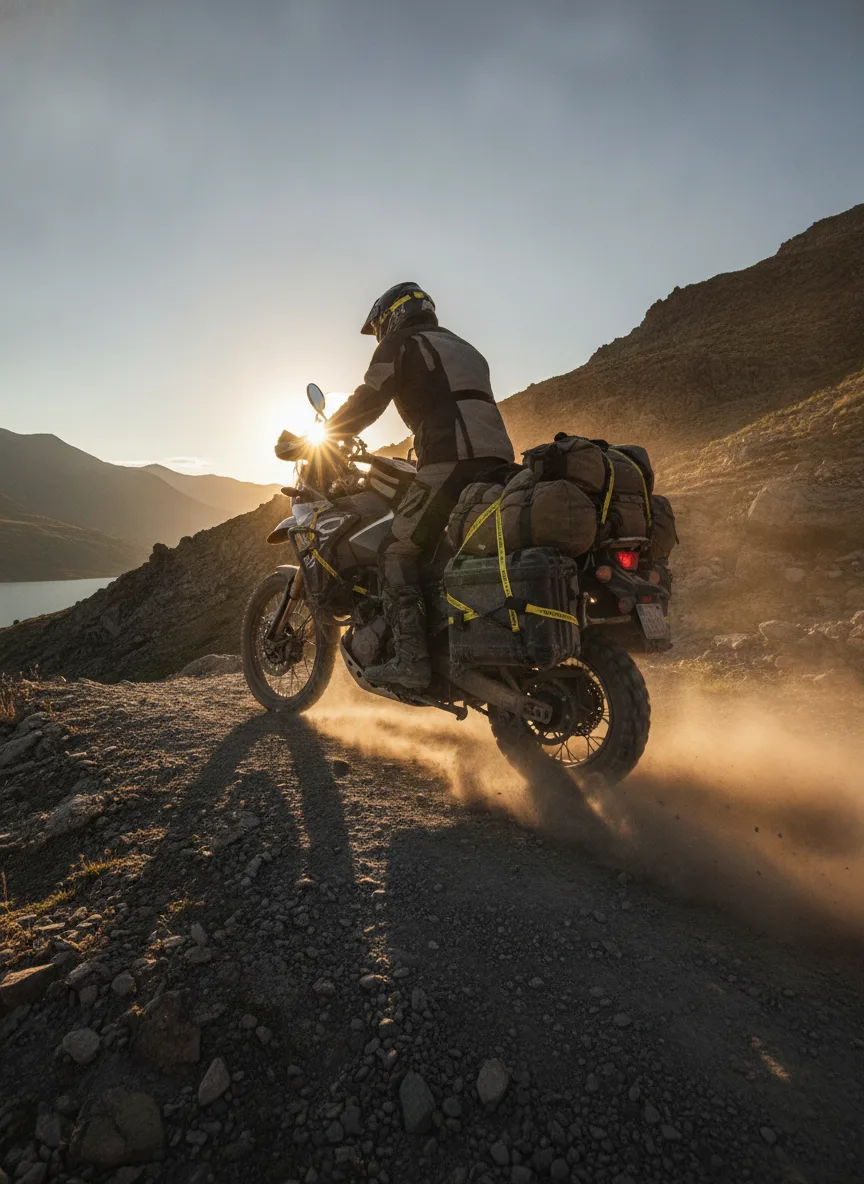 Adventure motorcycle with rider ascending a mountain pass, secured with elastic cargo straps at golden hour.