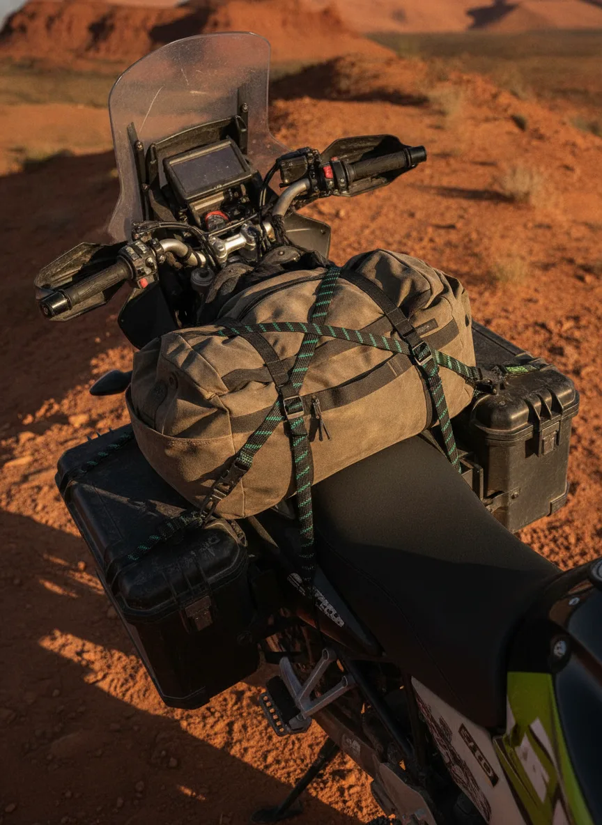 Close-up of elastic cargo straps with black buckles securing motorcycle luggage on a desert ridge.