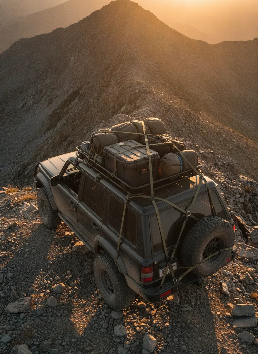 4x4 roof rack secured with elastic cargo straps and black buckles at golden hour on rocky mountain terrain.