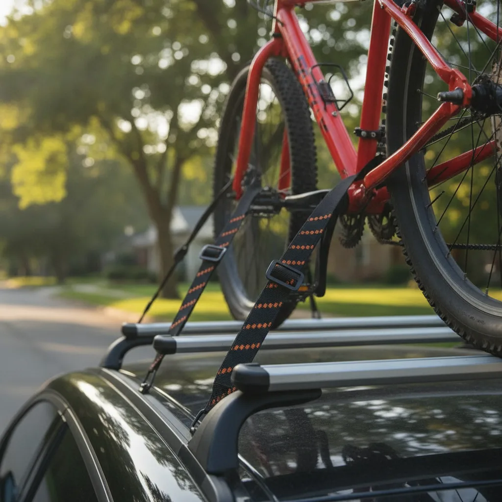 Elastic cargo straps with black buckles securing a red bicycle to a roof rack in daylight.