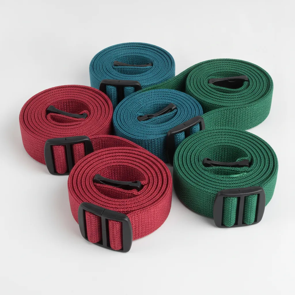 Coiled elastic cargo straps in crimson, teal, and forest green with black plastic buckles on white background.