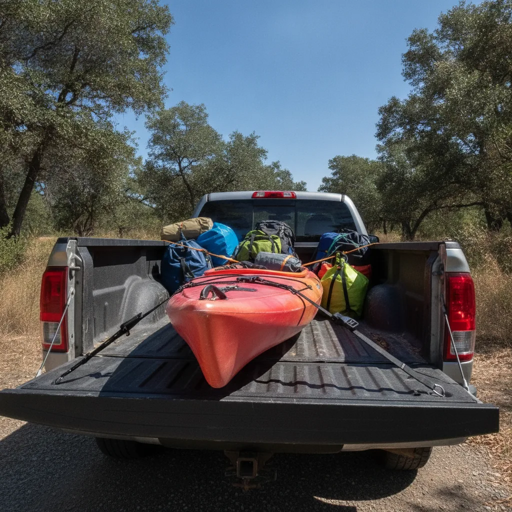 Kayak secured to truck bed with elastic cargo straps and black buckles in outdoor daylight setting.