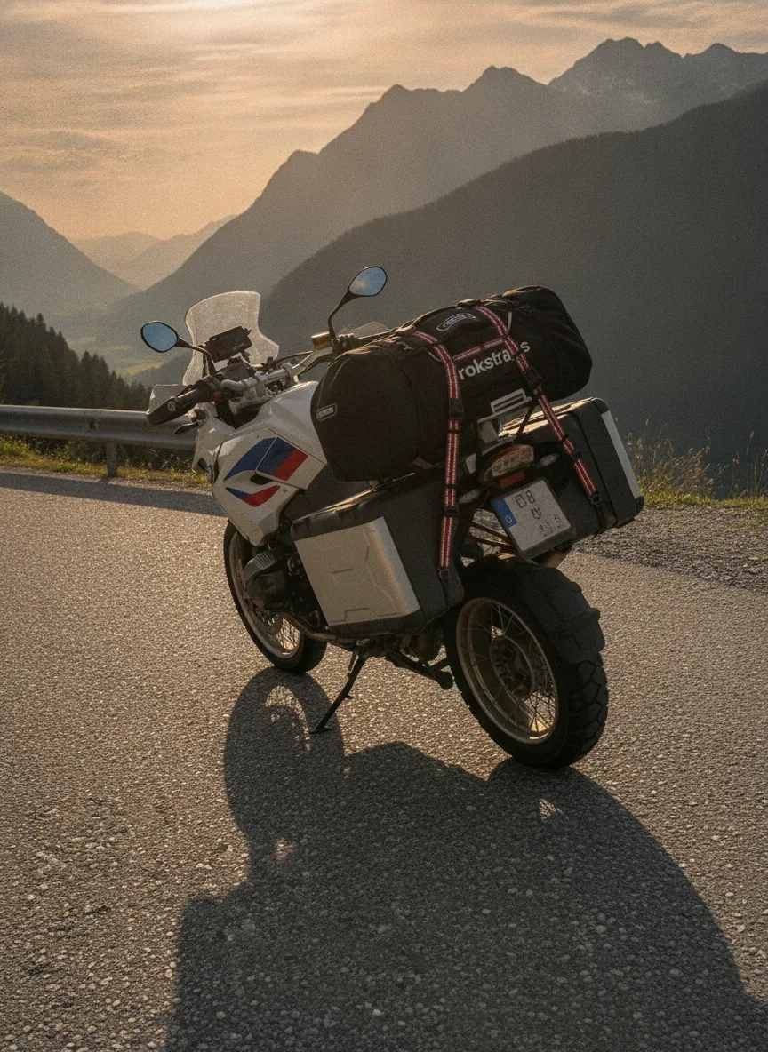 Adventure motorcycle loaded with gear and secured by elastic cargo straps ascending a mountain pass at sunset.