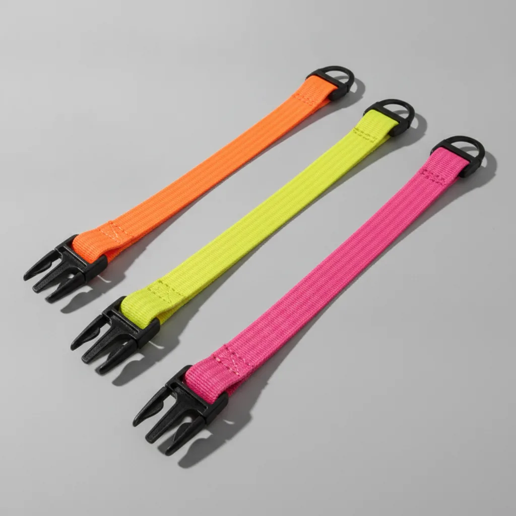 Stretched elastic cargo straps in neon orange, yellow, and hot pink with black buckles on gray background.