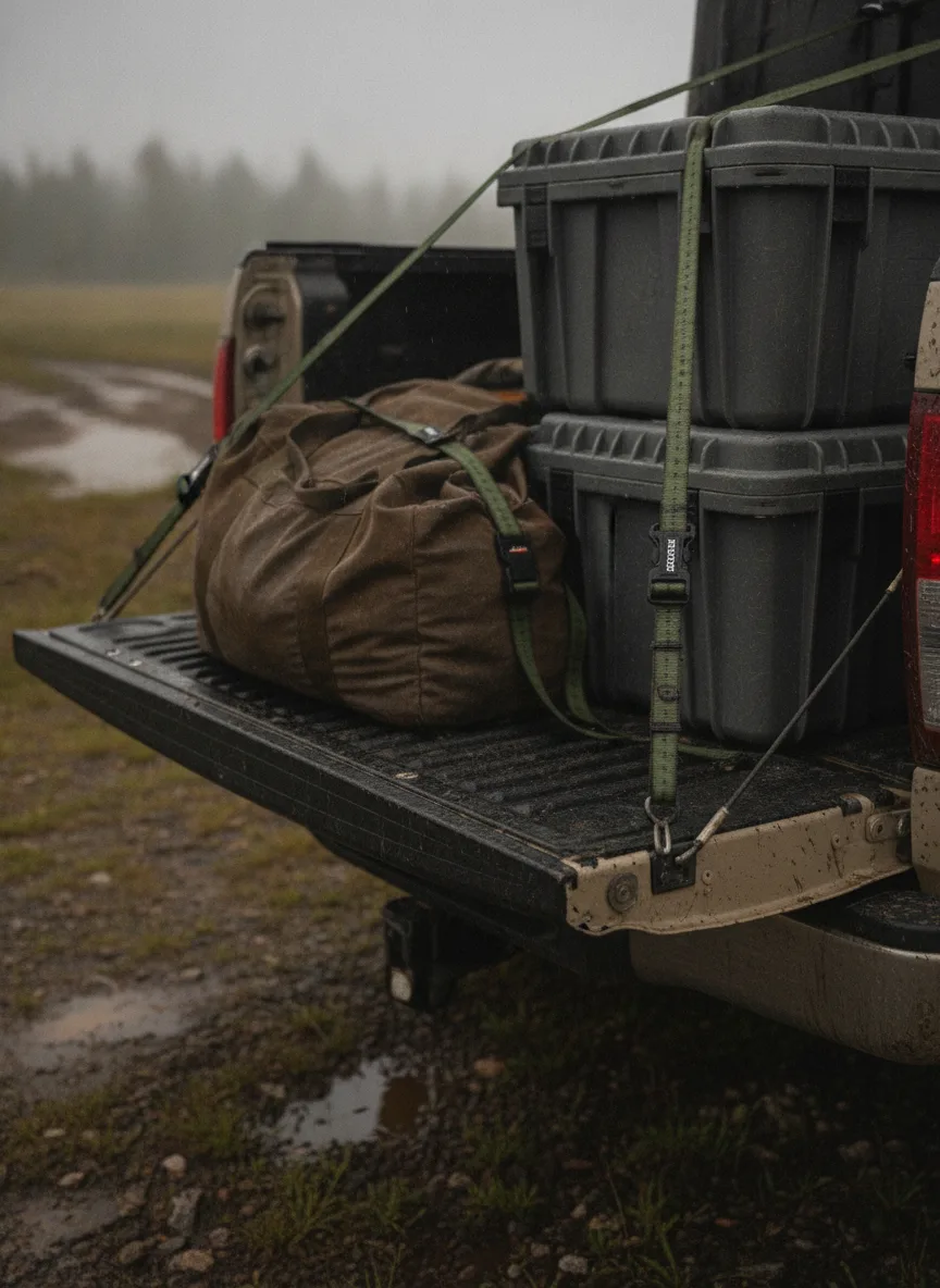 Elastic cargo straps with black buckles securing muddy truck bed gear in wet overland conditions.