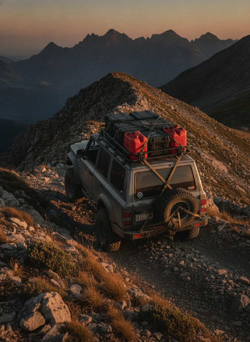 4x4 vehicle with elastic cargo straps securing gear on a mountain ridge at sunset.