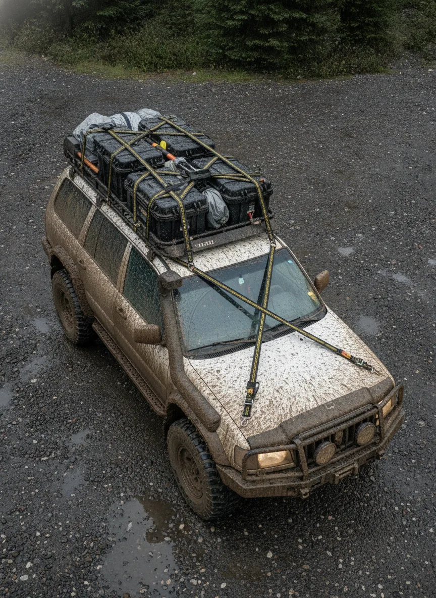 Overhead view of elastic cargo straps securing expedition boxes on a wet 4x4 vehicle.