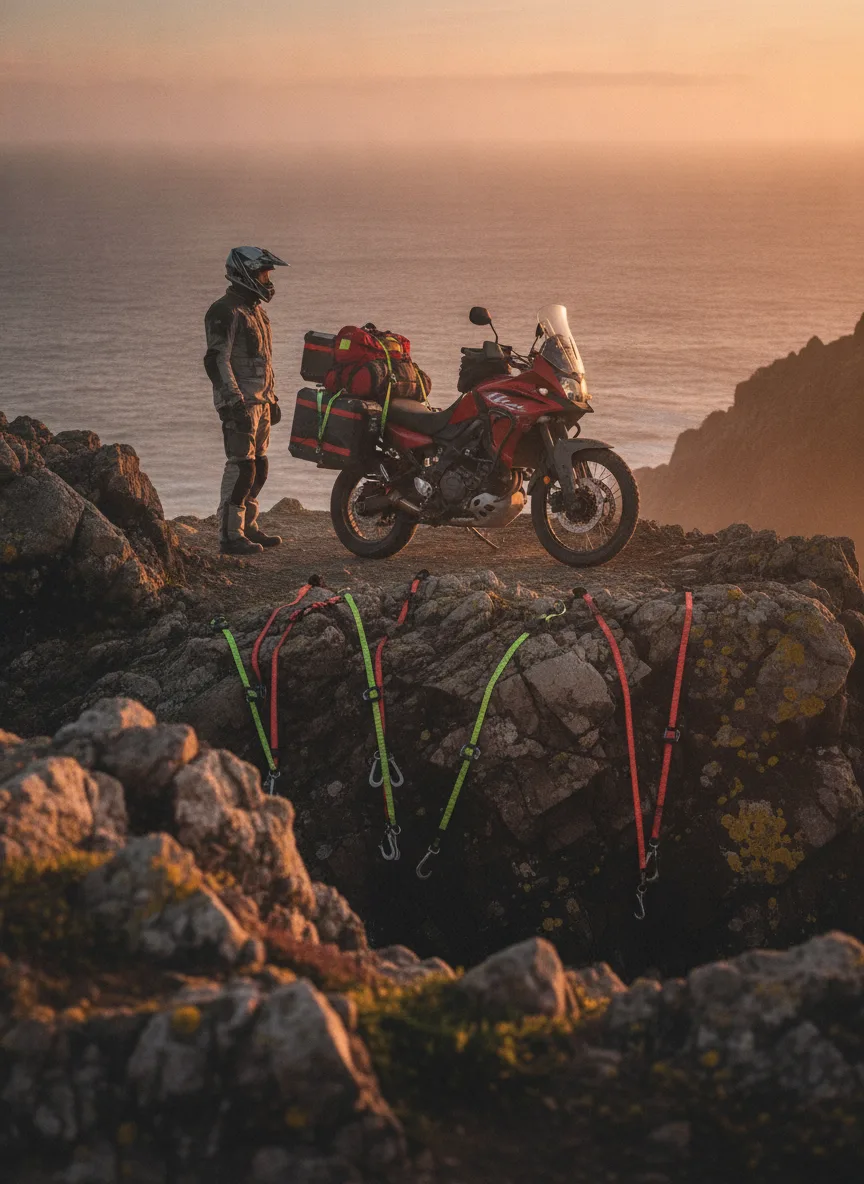 Rider beside cargo-loaded adventure motorcycle on coastal ridge secured with elastic straps at golden hour.