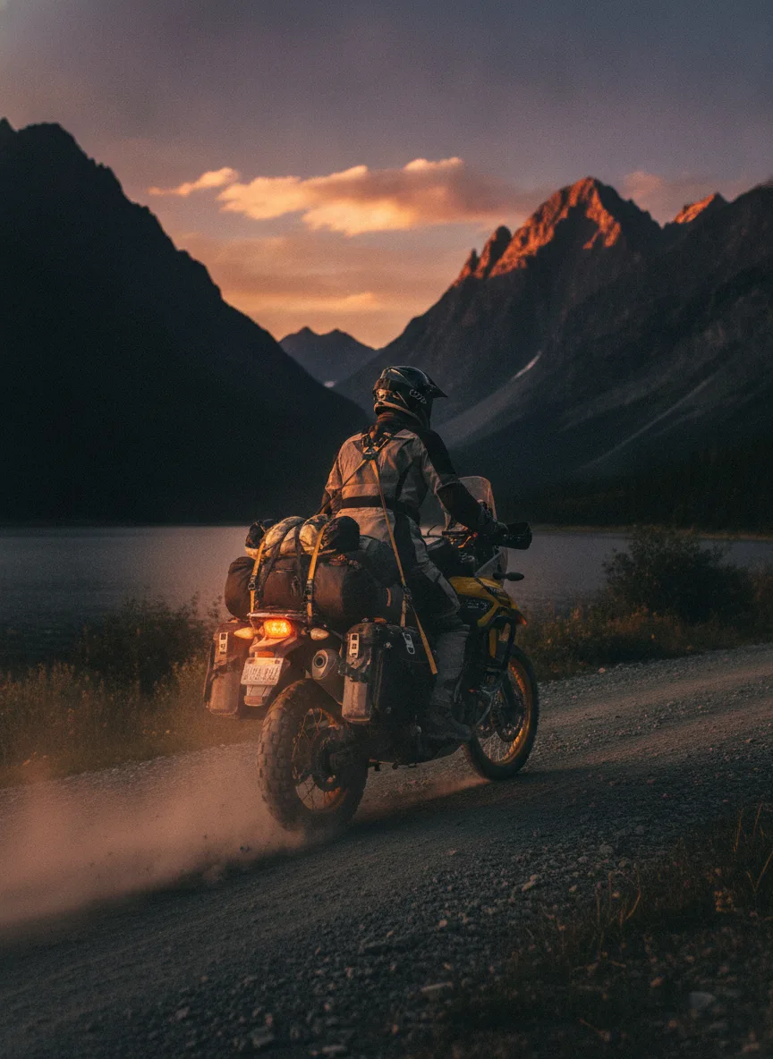 Adventure motorcycle with rider ascending mountain pass at sunset, cargo secured with elastic straps and black buckles.