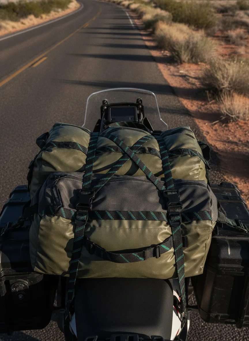 Detail view of elastic cargo straps with black buckles securing motorcycle expedition gear in desert landscape.