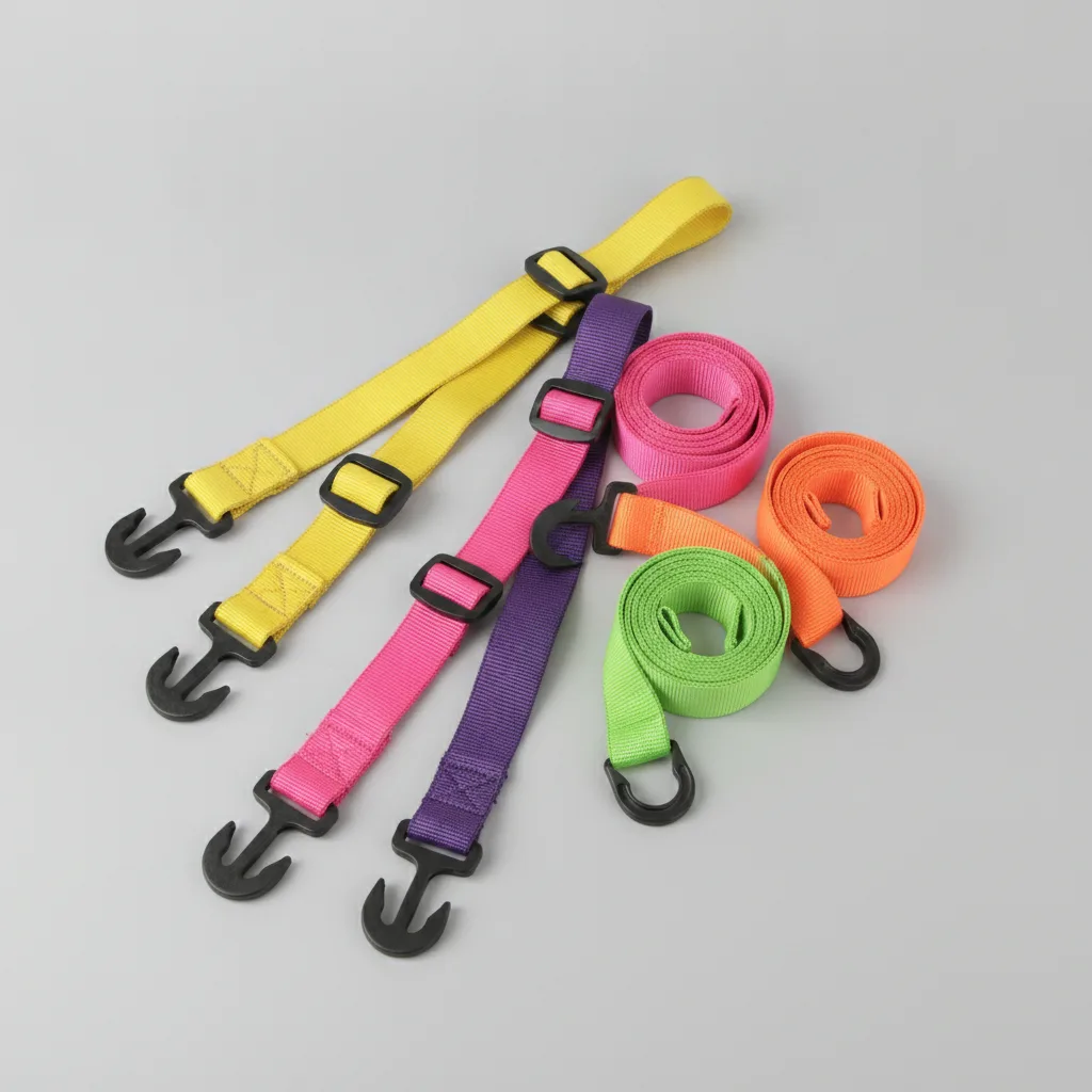 ROK Straps multicolor studio arrangement Five neon-bright elastic cargo straps with black plastic buckles arranged on gray studio backdrop with professional lighting.