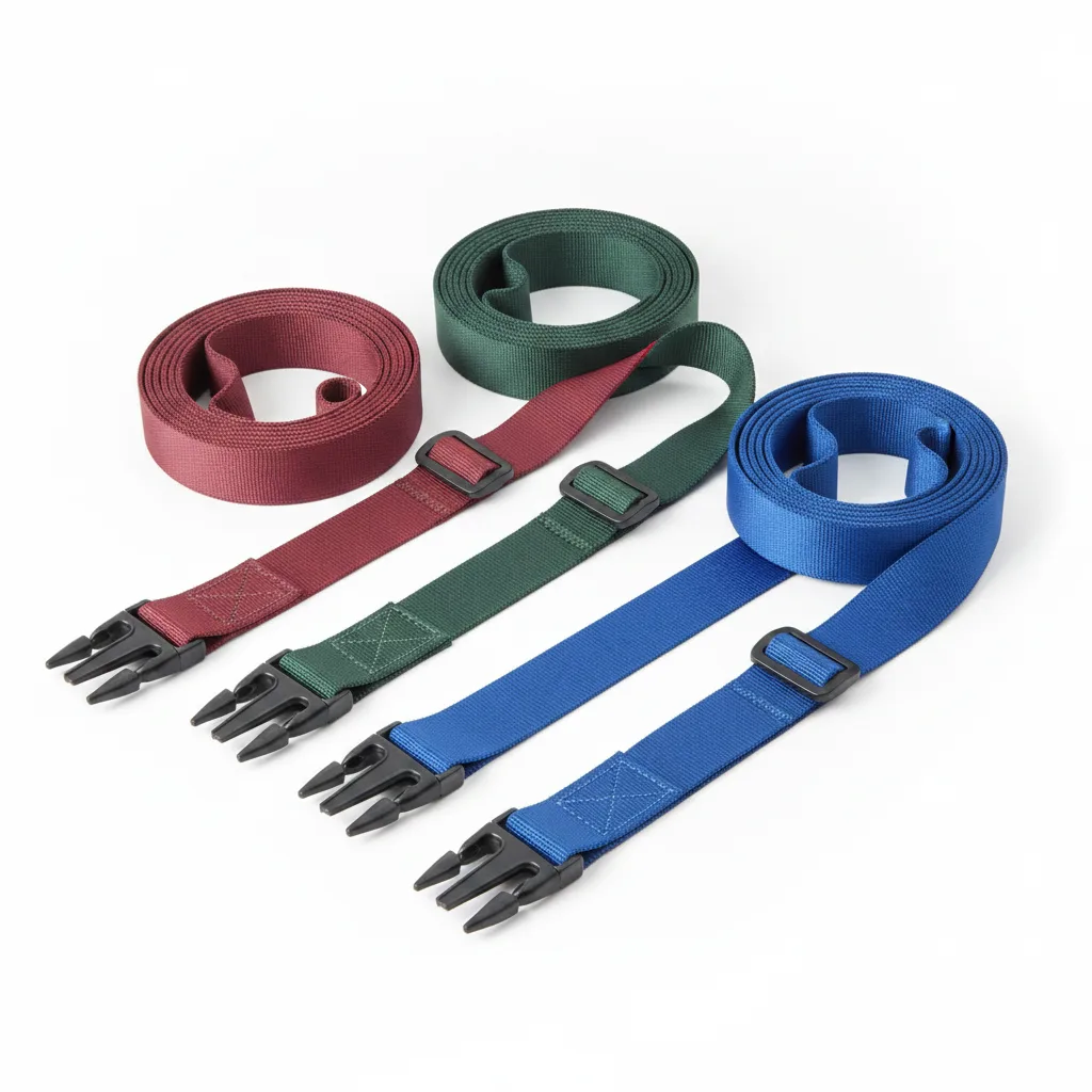 Three colorful elastic cargo straps coiled on white background with black plastic buckles and crisp studio lighting.