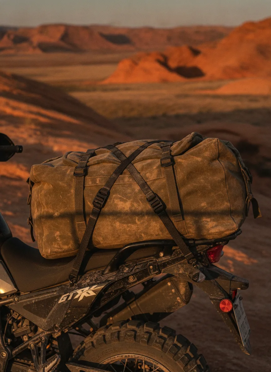 Elastic cargo straps with plastic buckles binding expedition bags to a desert motorcycle.