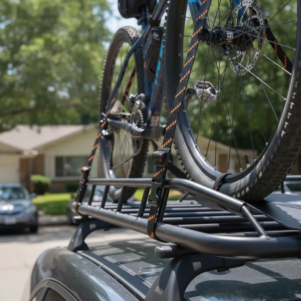 Elastic cargo straps with black buckles securing a mountain bike to a roof rack in daylight.