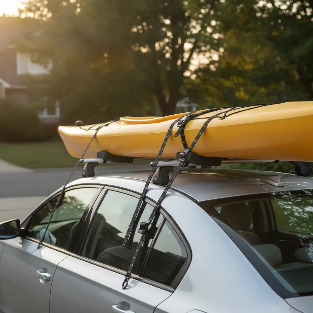 Bright kayak secured to a car roof with elastic cargo straps and black buckles in afternoon sunlight.