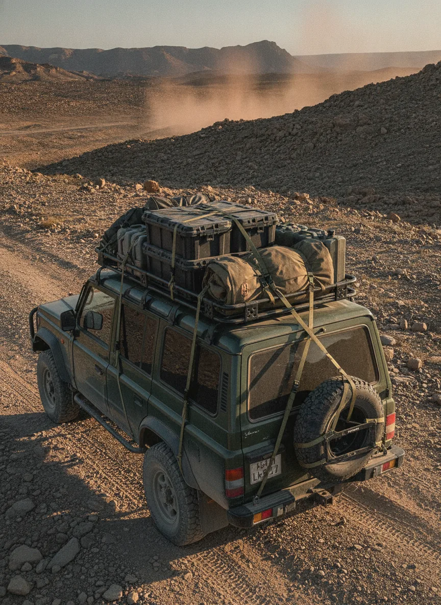 4x4 vehicle with elastic cargo straps securing expedition boxes on roof rack at golden hour in mountain terrain.