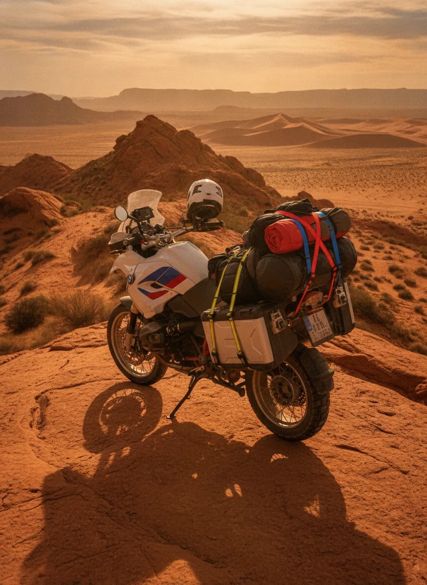 Adventure motorcycle loaded with elastic cargo straps on desert ridge at sunset with red rock landscape.
