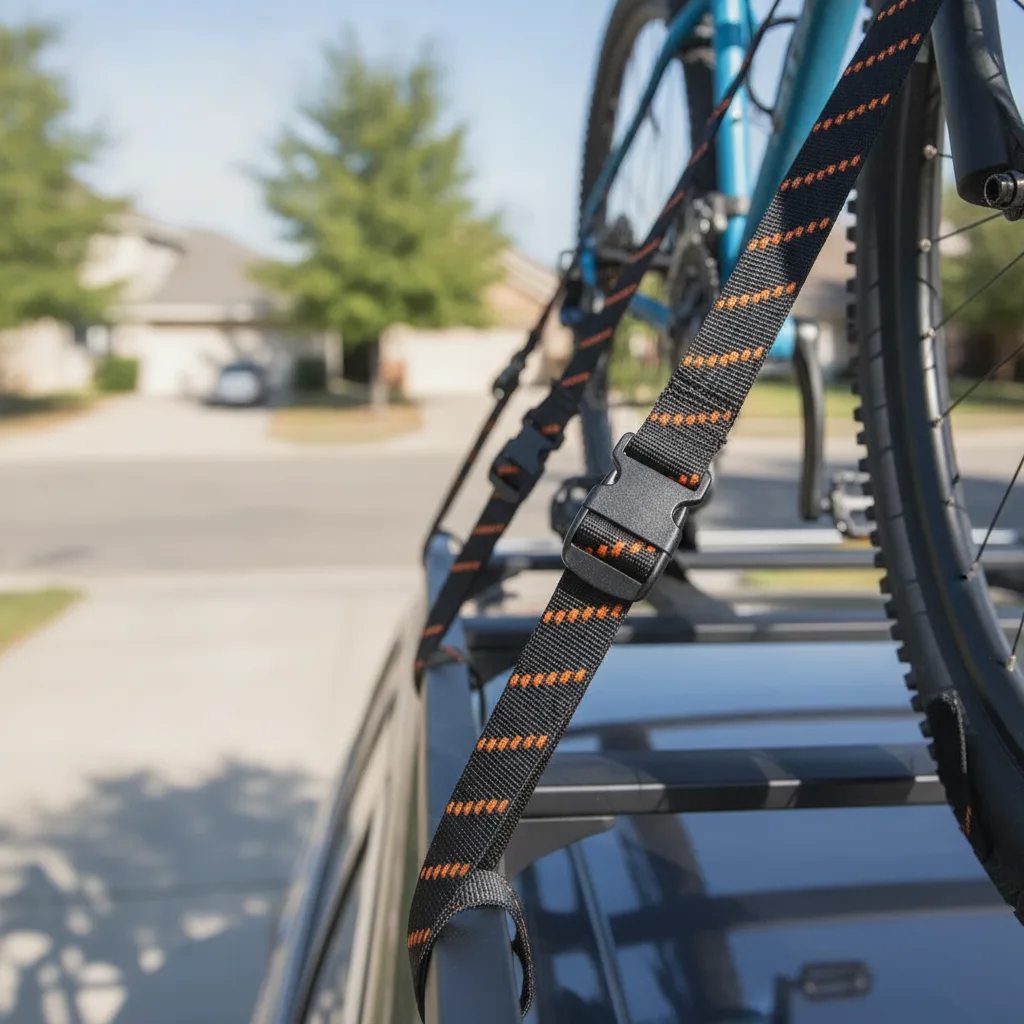 Elastic cargo straps with black buckles securing a bicycle to a roof rack in daylight.
