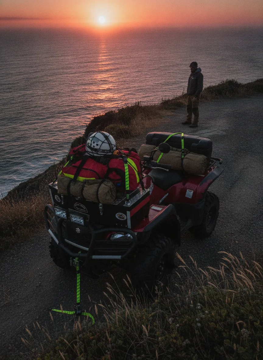 Adventure motorcycle loaded with secured gear at sunset coast, elastic straps with black buckles, rider standing nearby.