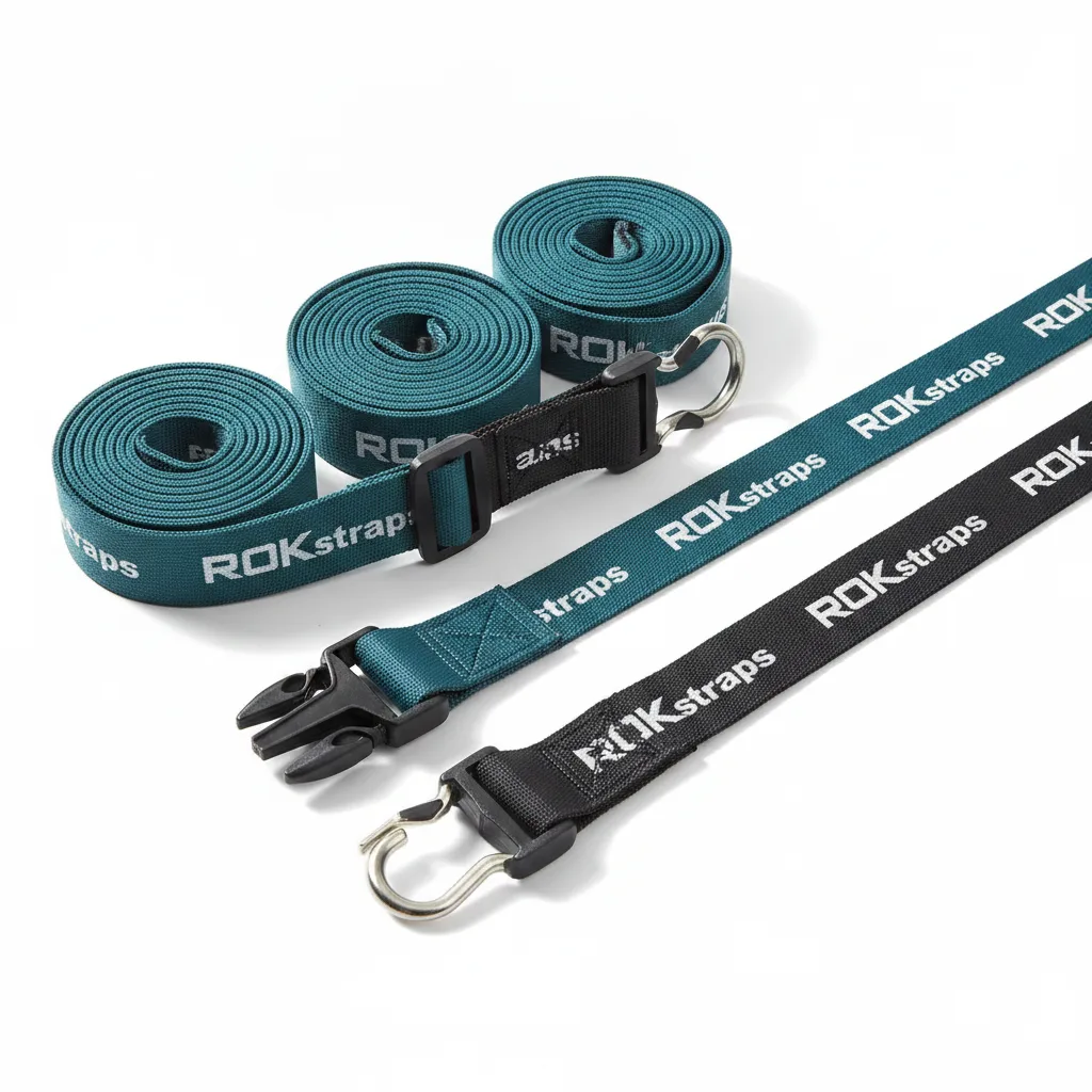 Colorful elastic cargo straps with black plastic buckles coiled and stretched on white studio background.