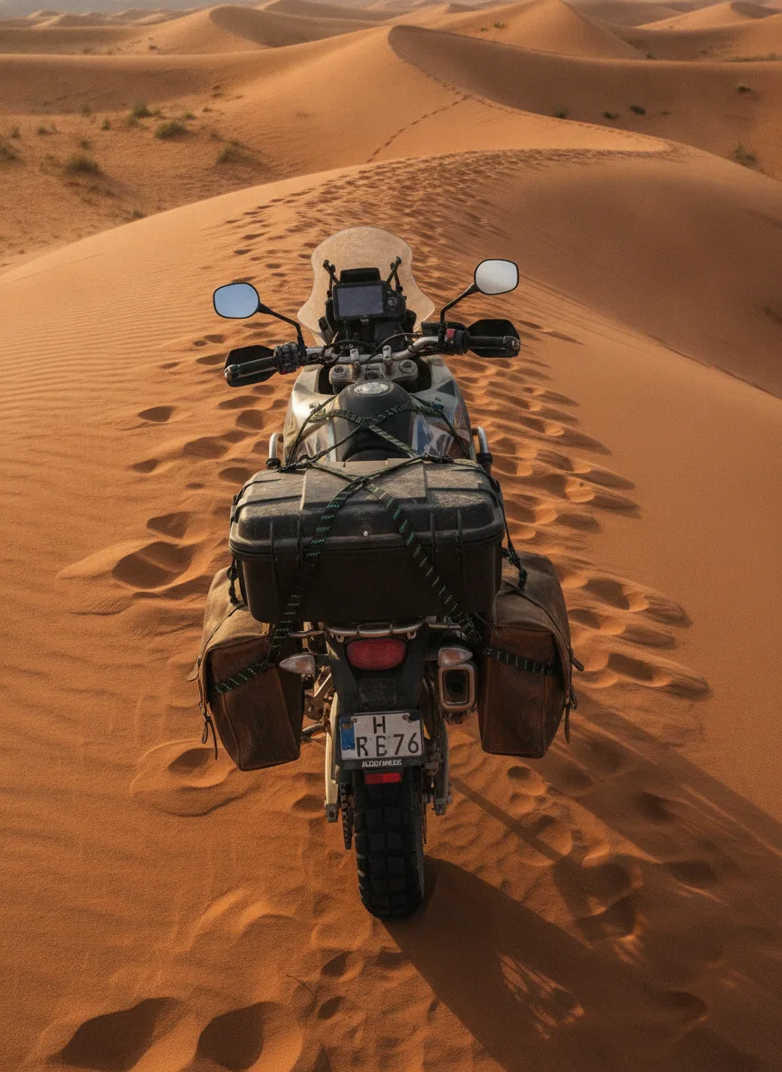 ROK Straps desert motorcycle overhead gear detail Overhead view of motorcycle saddlebags with elastic cargo straps and black buckles on desert ridge at golden hour.