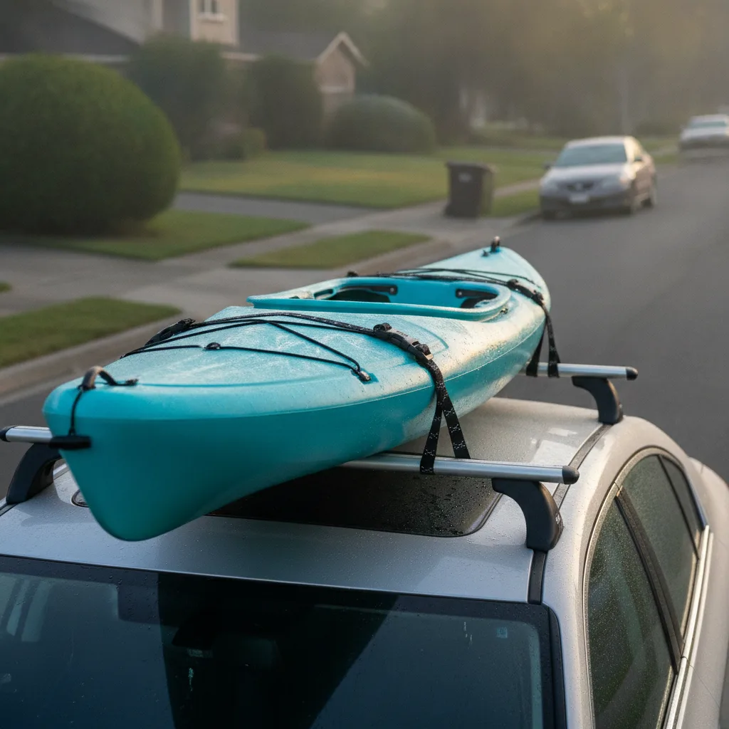 Turquoise kayak secured to a sedan roof with elastic cargo straps and black buckles in golden morning light.