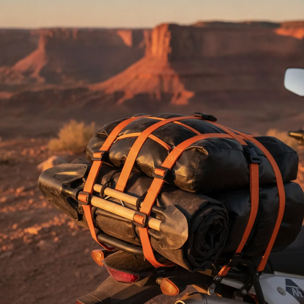 Elastic cargo straps securing motorcycle gear at golden hour with desert landscape and rock formations in background.