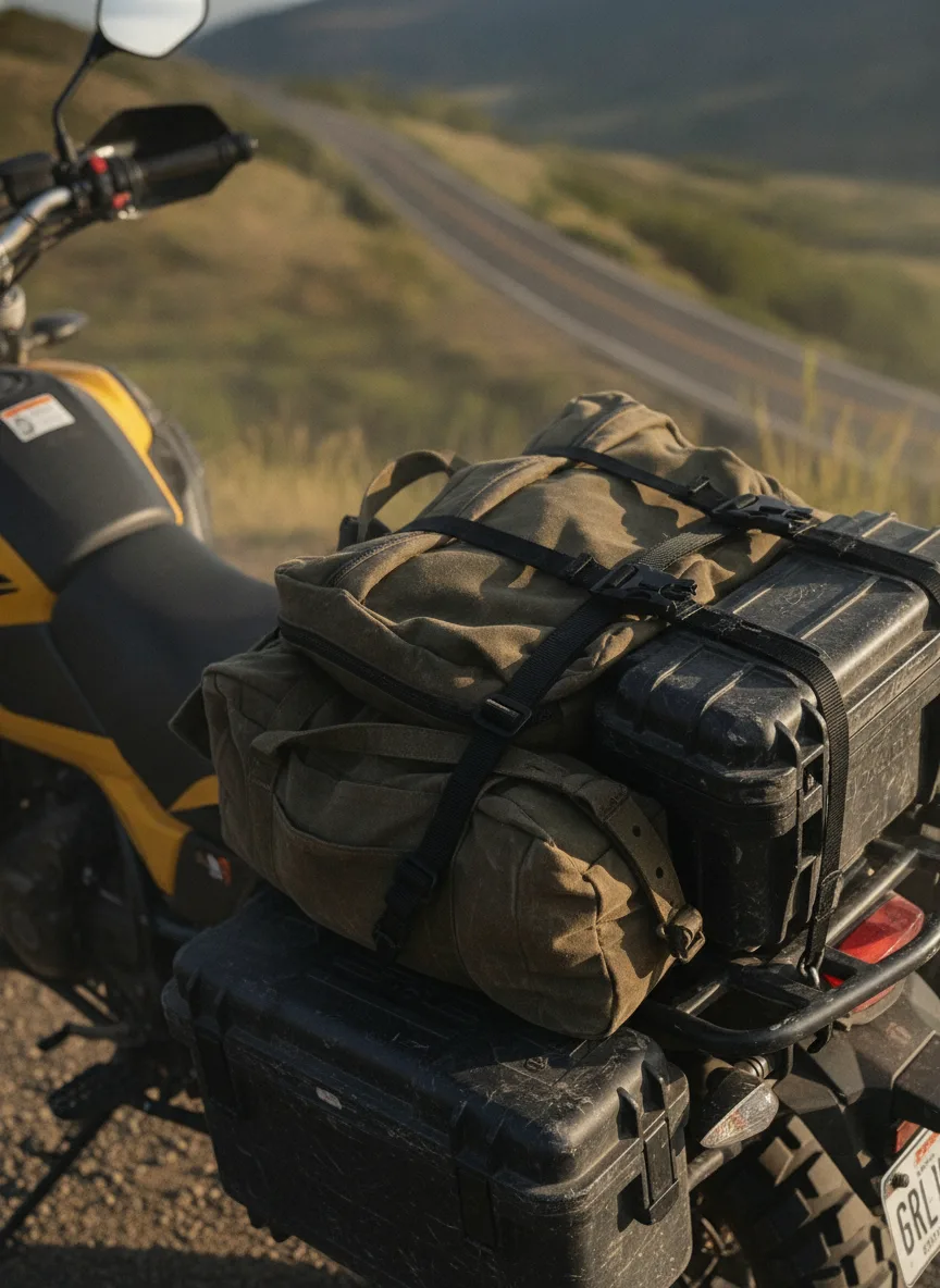 Elastic cargo straps with black buckles securing duffle bags to adventure motorcycle on mountain road.