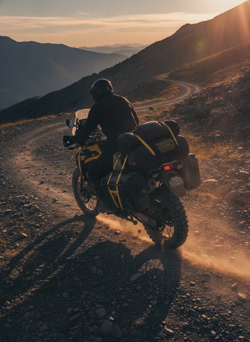 ROK Straps mountain pass motorcycle cargo Motorcycle with rider ascending mountain pass, elastic cargo straps securing gear at golden hour with visible black buckles.