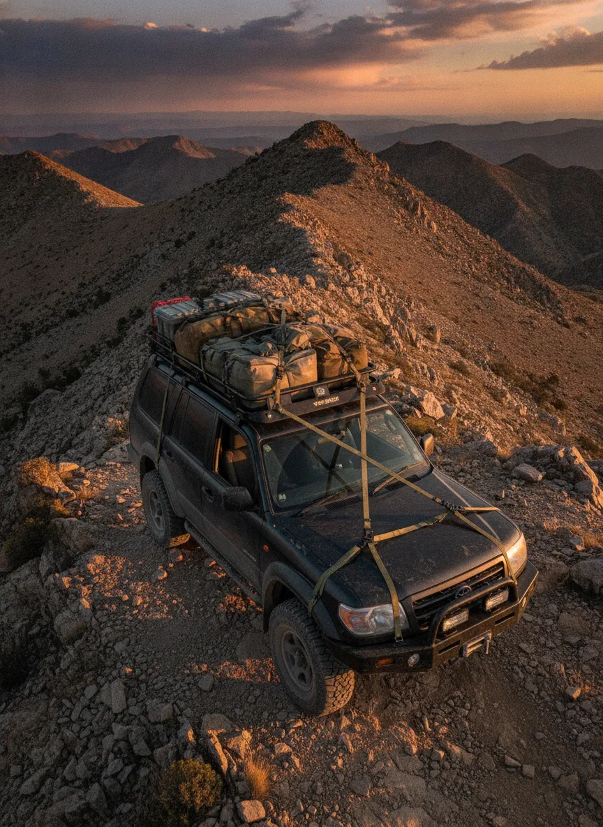 ROK Straps 4x4 Mountain Ridge Rugged 4x4 with ROK straps securing expedition gear on a mountain ridge at golden hour.