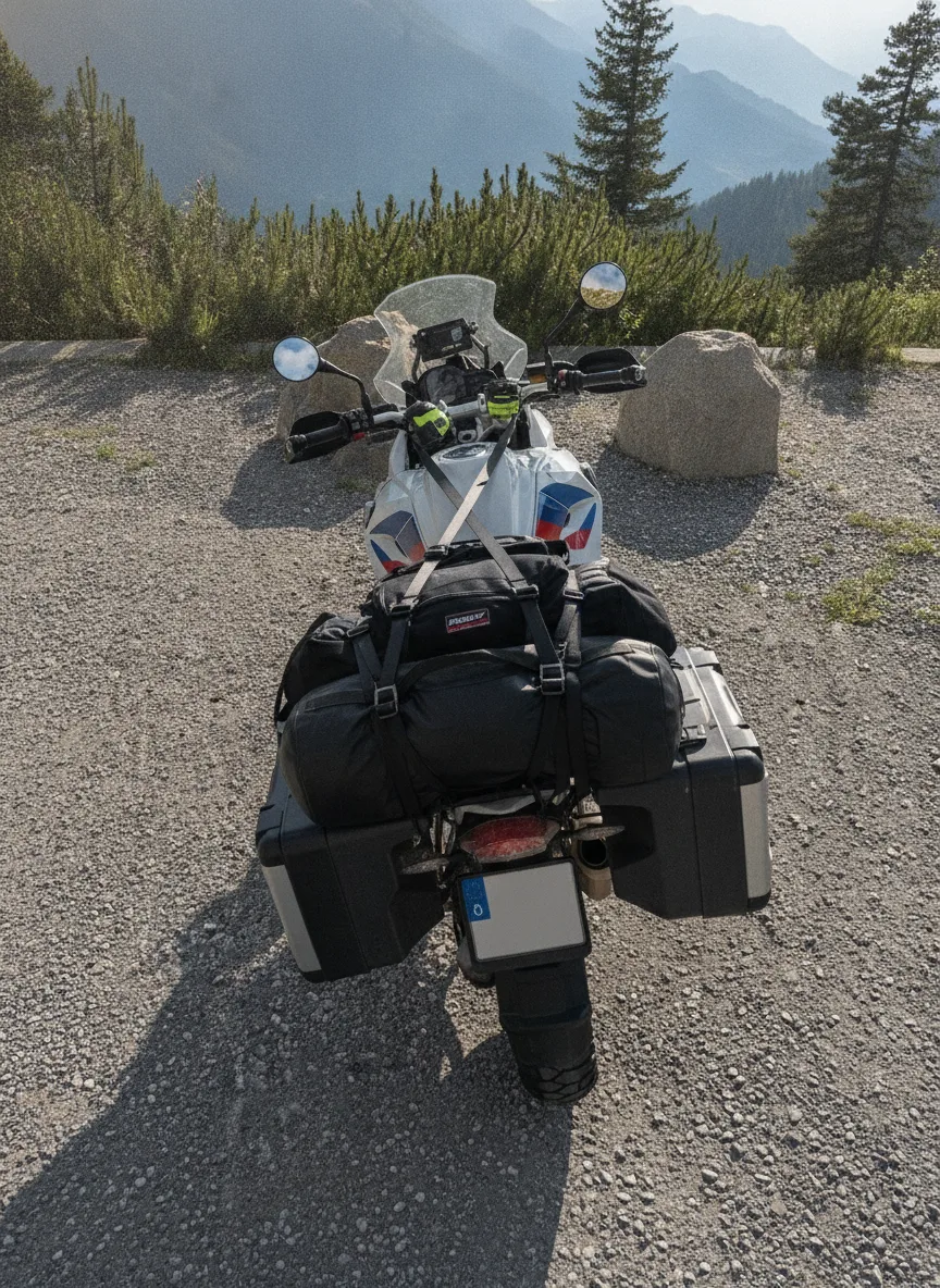 Adventure motorcycle loaded with ROK Straps securing expedition gear on a mountain pass.