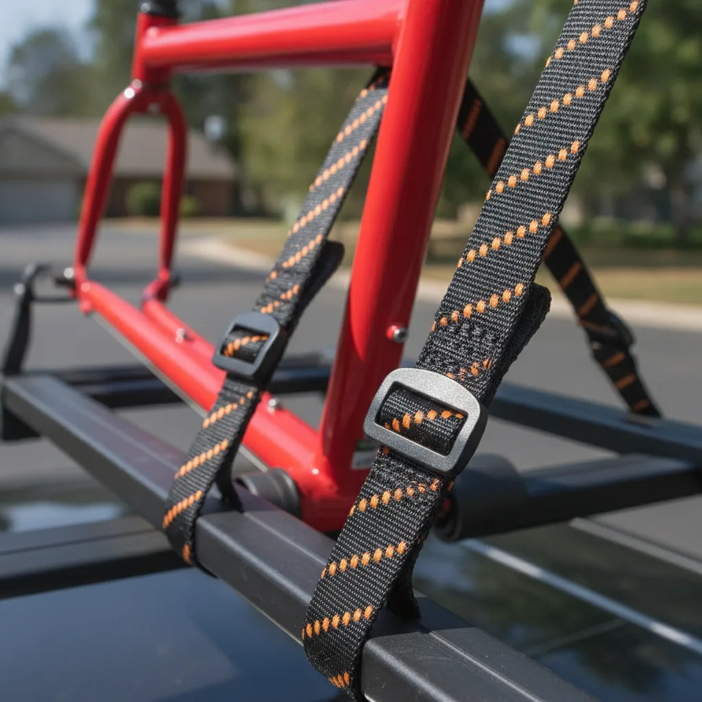 Elastic cargo straps with black buckles securing a red bicycle to a roof rack in daylight.