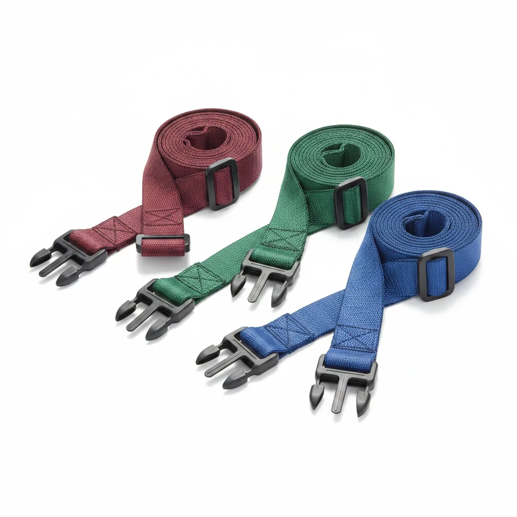 Coiled elastic cargo straps in red, green, and blue with black plastic buckles on white studio background.