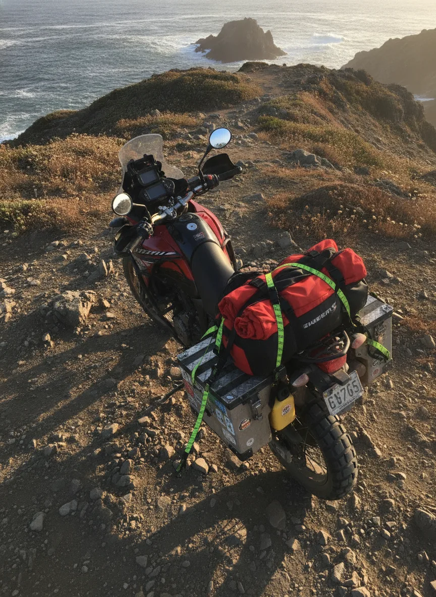 ROK Straps loaded motorcycle coastal ridge Multiple elastic cargo straps securing expedition gear to a loaded adventure motorcycle on a coastal ridge.