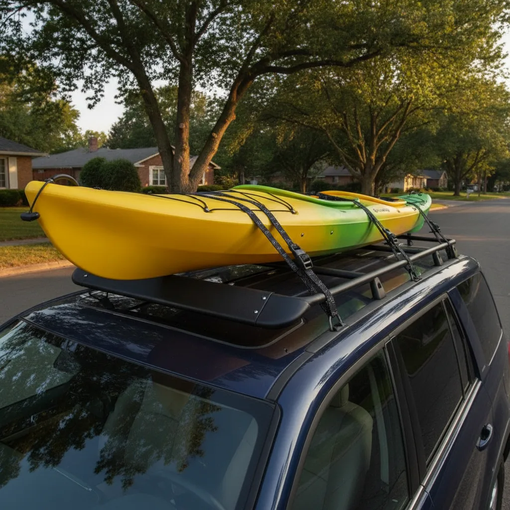 Multiple elastic cargo straps with black buckles securing a kayak to a vehicle roof rack outdoors.