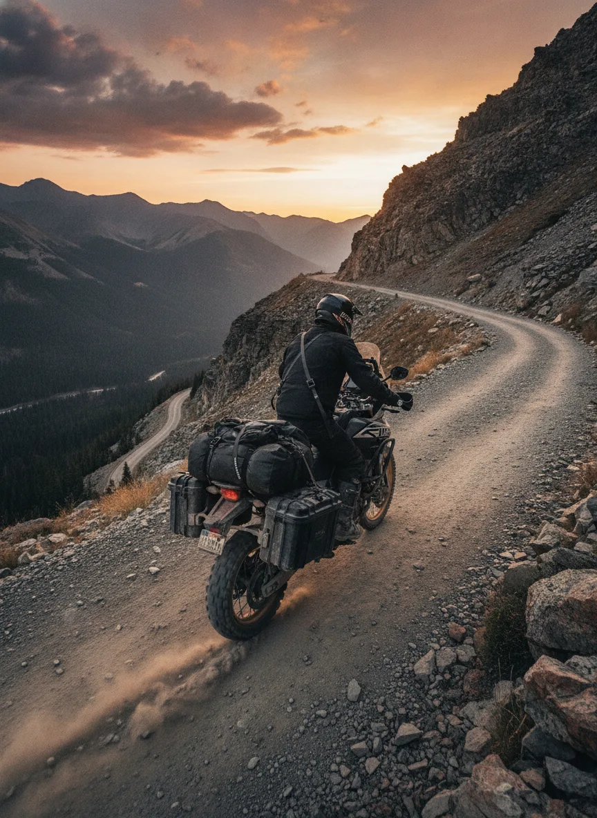 Adventure motorcycle with secured cargo ascending a rocky mountain pass in golden hour light with dust and shadows.