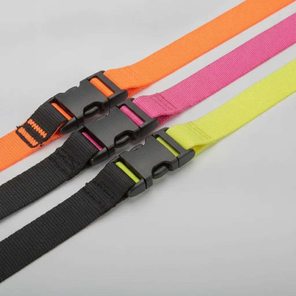 Stretched elastic cargo straps in orange, pink, and yellow with black plastic buckles on studio gradient backdrop.