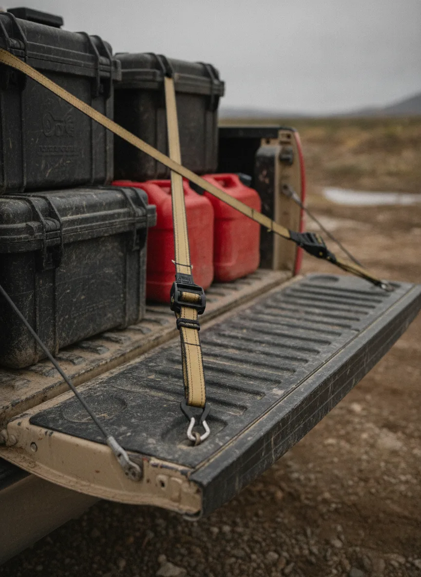 ROK Straps Truck Bed Detail Elastic cargo straps with black buckles secure fuel canisters and gear in a truck bed.