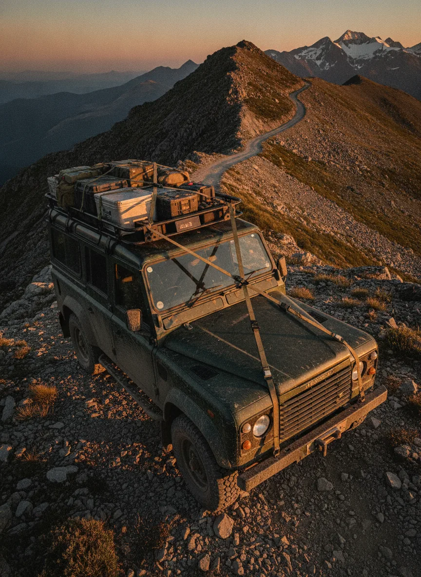 4x4 vehicle with secured expedition boxes using elastic cargo straps on rocky mountain ridge at golden hour.