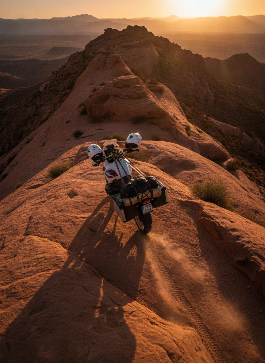 Adventure motorcycle with secured gear and elastic straps ascending desert ridge at golden hour.
