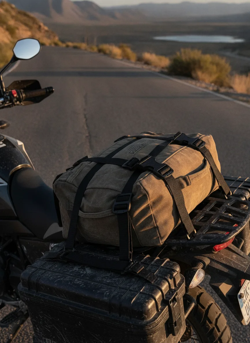 Close-up of elastic cargo straps with buckles securing motorcycle expedition gear at golden hour.