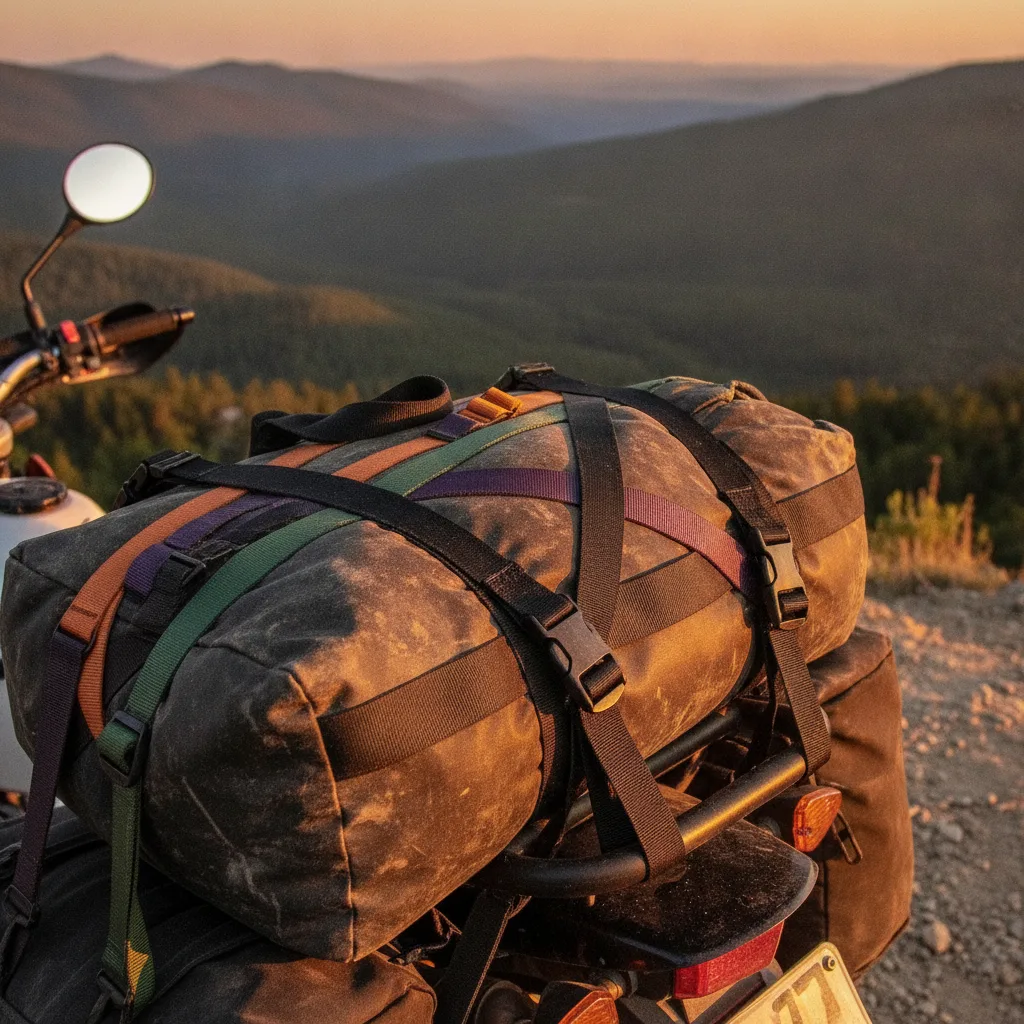 Elastic cargo straps securing adventure gear at a mountain overlook during golden hour sunset light.